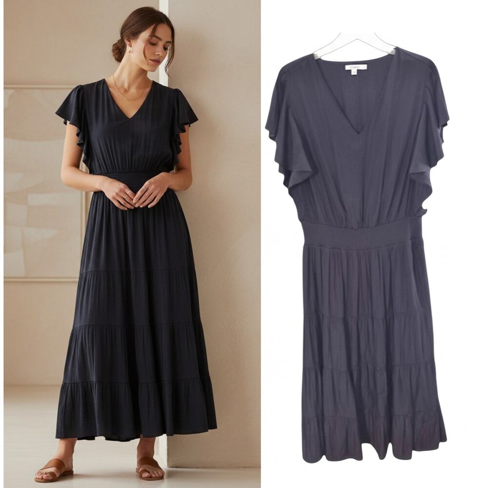Chico's Tiered Flutter Sleeve Maxi Dress Women's Sz 12 Black Smocked Waist NWT